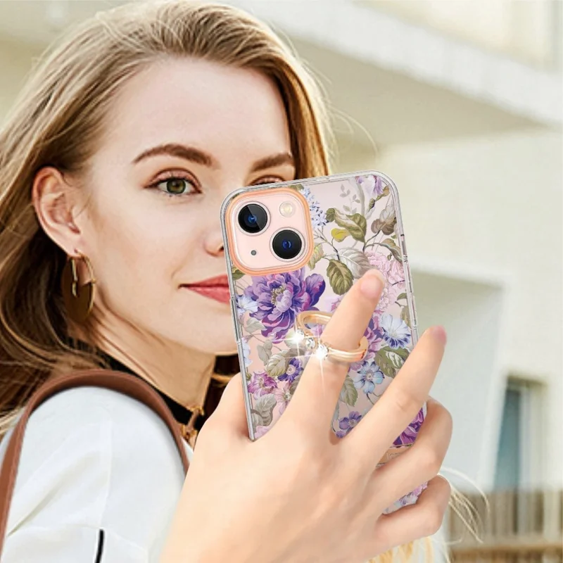 For iPhone 14 bagside med ringstativ Blomstermønster Elektropladering TPU-case - HC006 Lilla pioner