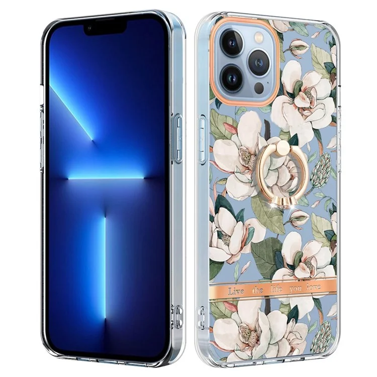 Série YB IMD-12 Pour Iphone 14 Pro 6.1 Pouces Case de Motif de Fleurs Électroplastique IML IMD TPU Téléphone Couverture Avec Kickstand Intégré - HC001 Green Gardenia