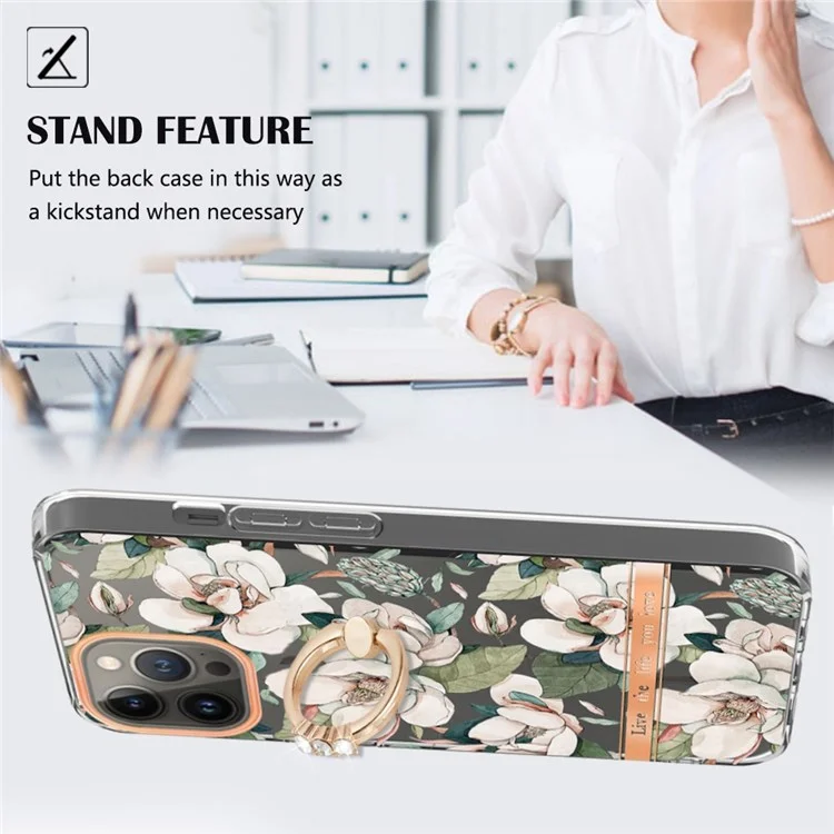 Série YB IMD-12 Pour Iphone 14 Pro 6.1 Pouces Case de Motif de Fleurs Électroplastique IML IMD TPU Téléphone Couverture Avec Kickstand Intégré - HC001 Green Gardenia