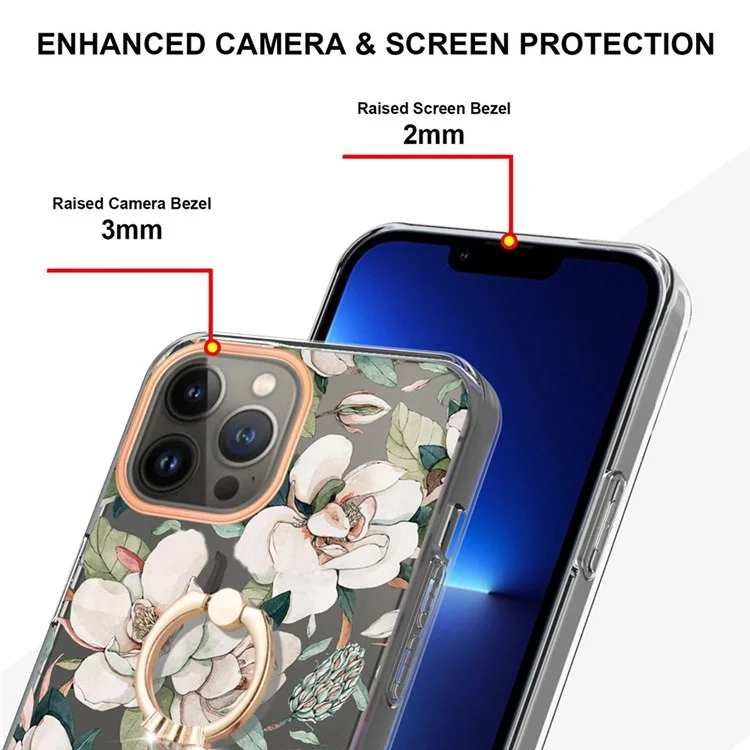 Série YB IMD-12 Pour Iphone 14 Pro 6.1 Pouces Case de Motif de Fleurs Électroplastique IML IMD TPU Téléphone Couverture Avec Kickstand Intégré - HC001 Green Gardenia
