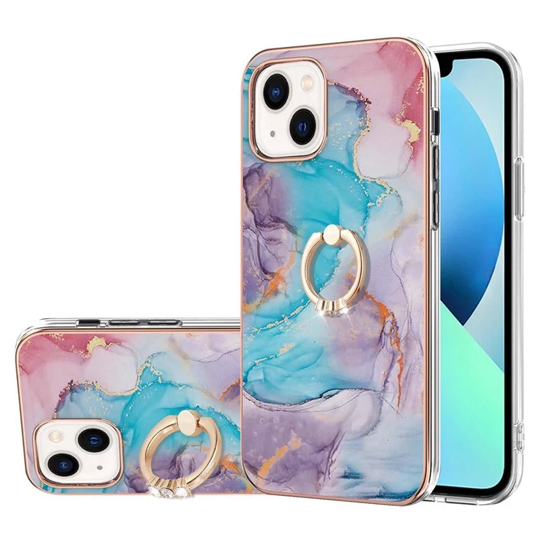 For iPhone 14 6.1 inch Case with Ring Kickstand IMD Marble Pattern TPU Back Cover - Milky Way Marble Blue
