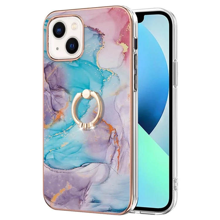 For iPhone 14 6.1 inch Case with Ring Kickstand IMD Marble Pattern TPU Back Cover - Milky Way Marble Blue
