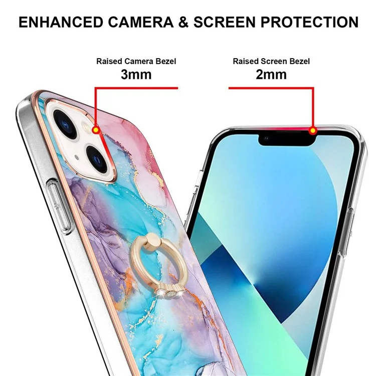 For iPhone 14 6.1 inch Case with Ring Kickstand IMD Marble Pattern TPU Back Cover - Milky Way Marble Blue