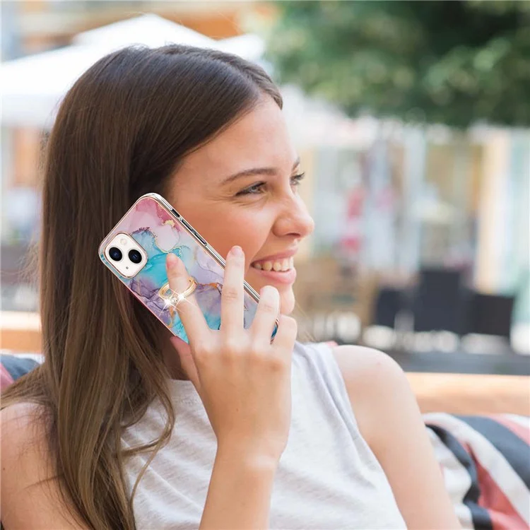 For iPhone 14 6.1 inch Case with Ring Kickstand IMD Marble Pattern TPU Back Cover - Milky Way Marble Blue
