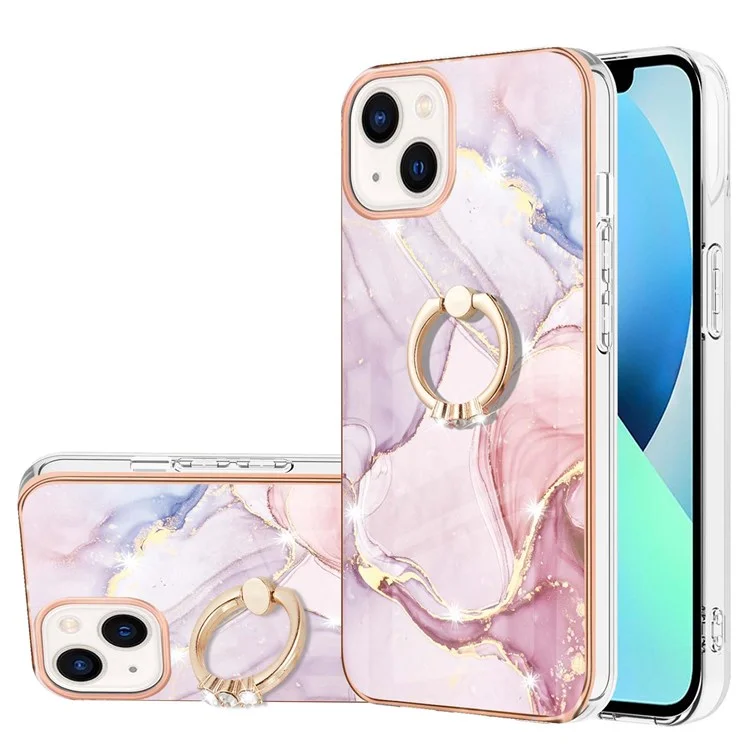 Per iPhone 14 Plus 6.7 pollici YB IMD Series-10 Shiny Ring Kickstand Case Soft TPU IMD Marble Pattern Electroplating Cover - Rose Gold 005