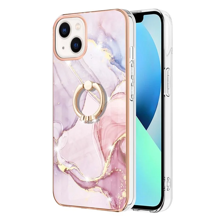 Per iPhone 14 Plus 6.7 pollici YB IMD Series-10 Shiny Ring Kickstand Case Soft TPU IMD Marble Pattern Electroplating Cover - Rose Gold 005