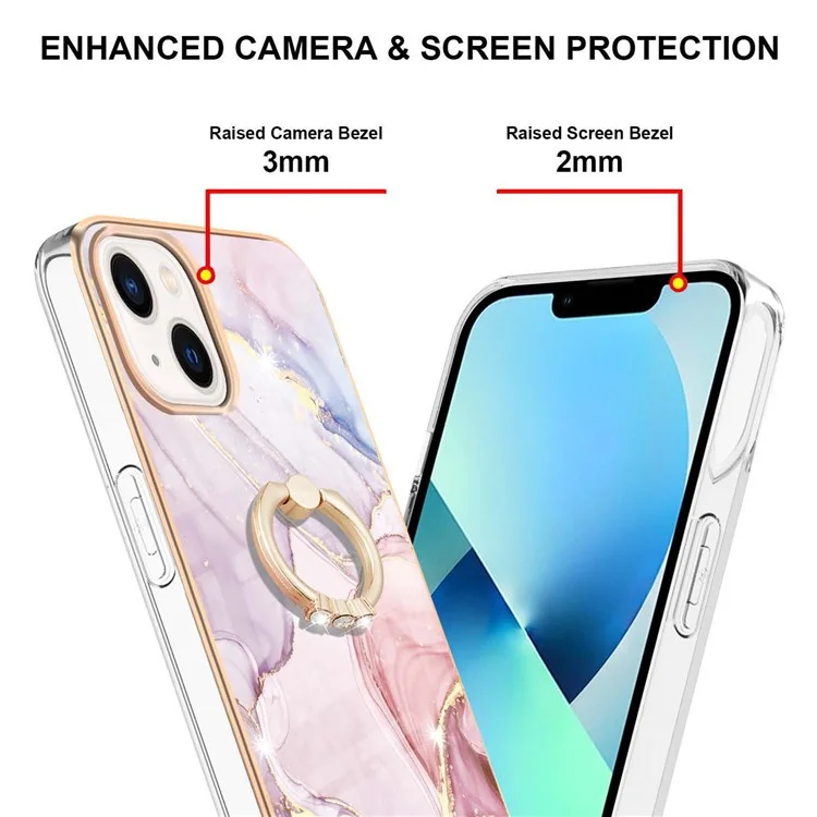 Per iPhone 14 Plus 6.7 pollici YB IMD Series-10 Shiny Ring Kickstand Case Soft TPU IMD Marble Pattern Electroplating Cover - Rose Gold 005