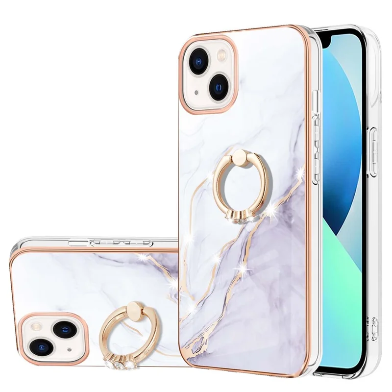 Для iPhone 14 Plus 6.7 дюйма YB IMD Series-10 Shiny Ring Kickstand Case Soft TPU IMD Marble Pattern Electroplating Cover - Белый 006