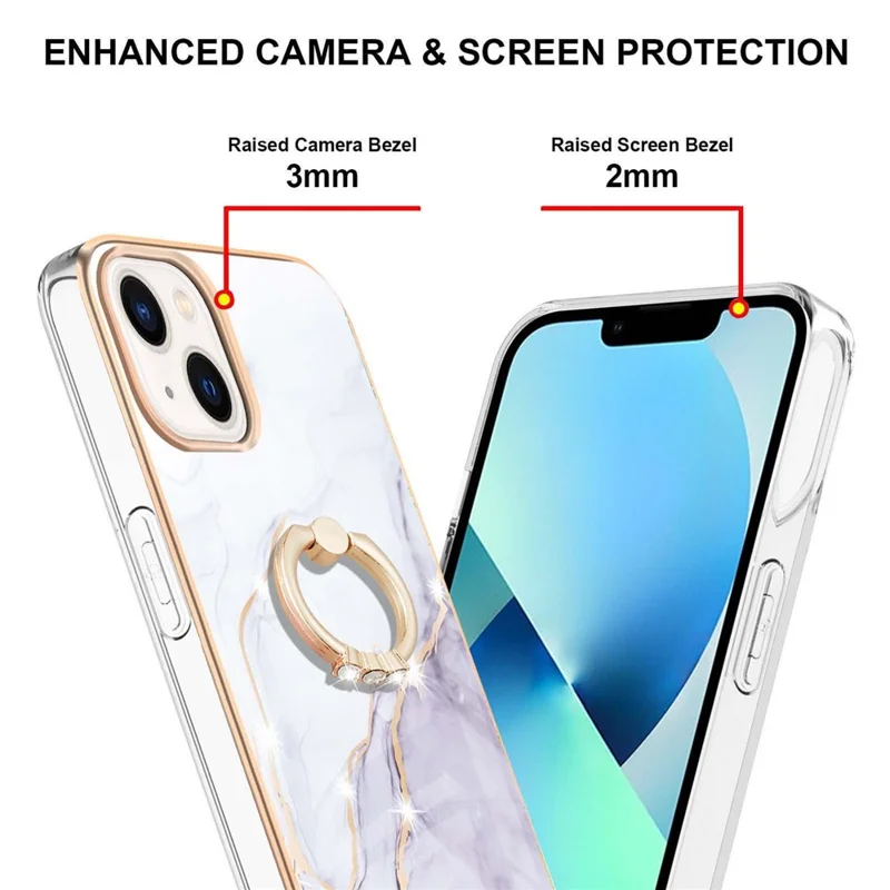 Для iPhone 14 Plus 6.7 дюйма YB IMD Series-10 Shiny Ring Kickstand Case Soft TPU IMD Marble Pattern Electroplating Cover - Белый 006