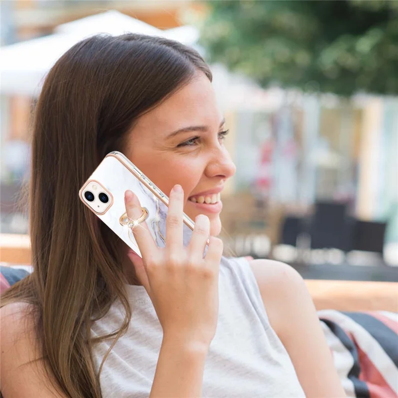 Для iPhone 14 Plus 6.7 дюйма YB IMD Series-10 Shiny Ring Kickstand Case Soft TPU IMD Marble Pattern Electroplating Cover - Белый 006