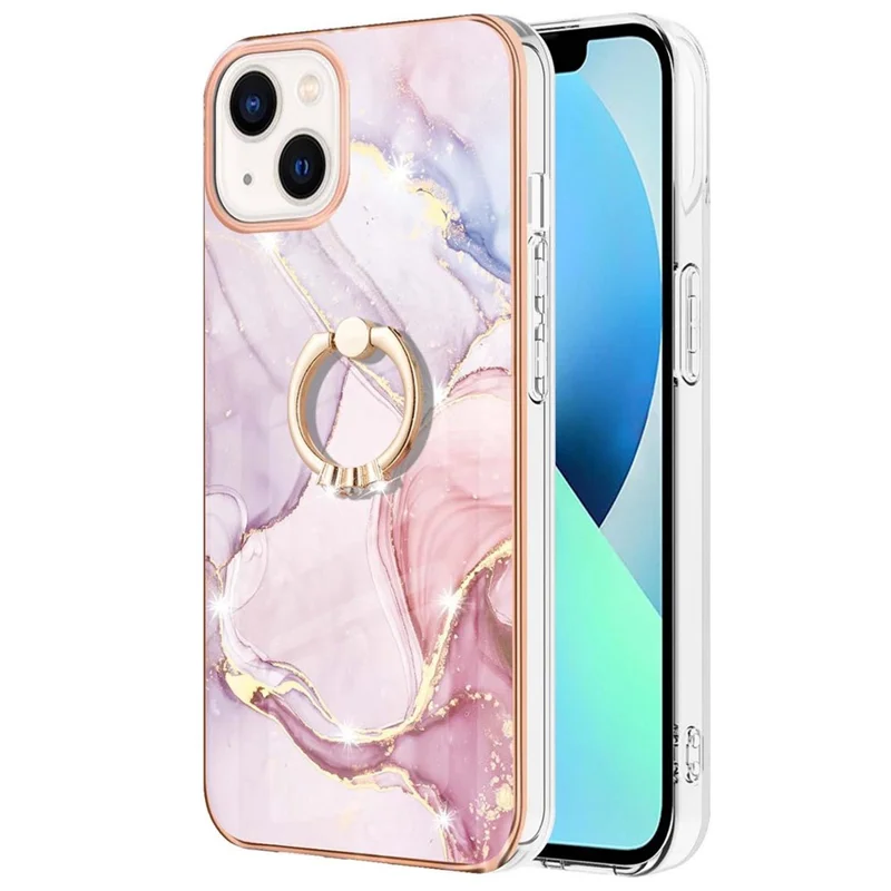For iPhone 14 Case with Ring Kickstand Marble Pattern Electroplating TPU Back Cover - Rose Gold 005