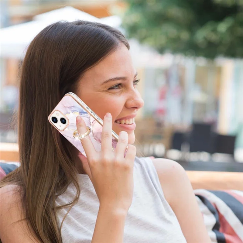 For iPhone 14 Case with Ring Kickstand Marble Pattern Electroplating TPU Back Cover - Rose Gold 005