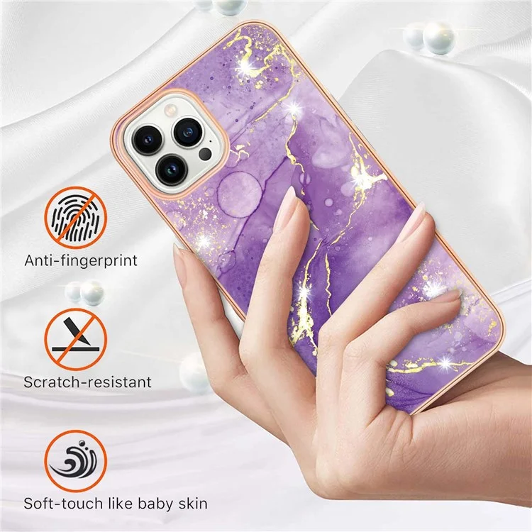 For iPhone 14 Pro Max 6.7 inch TPU Case with IMD Marble Pattern Electroplated Back Cover - Purple 002