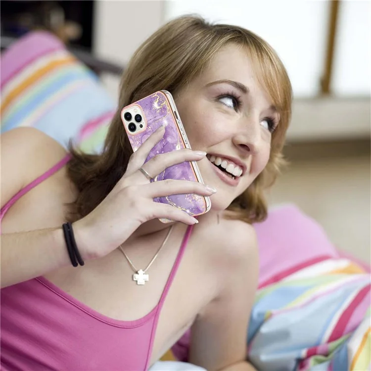 For iPhone 14 Pro Max 6.7 inch TPU Case with IMD Marble Pattern Electroplated Back Cover - Purple 002