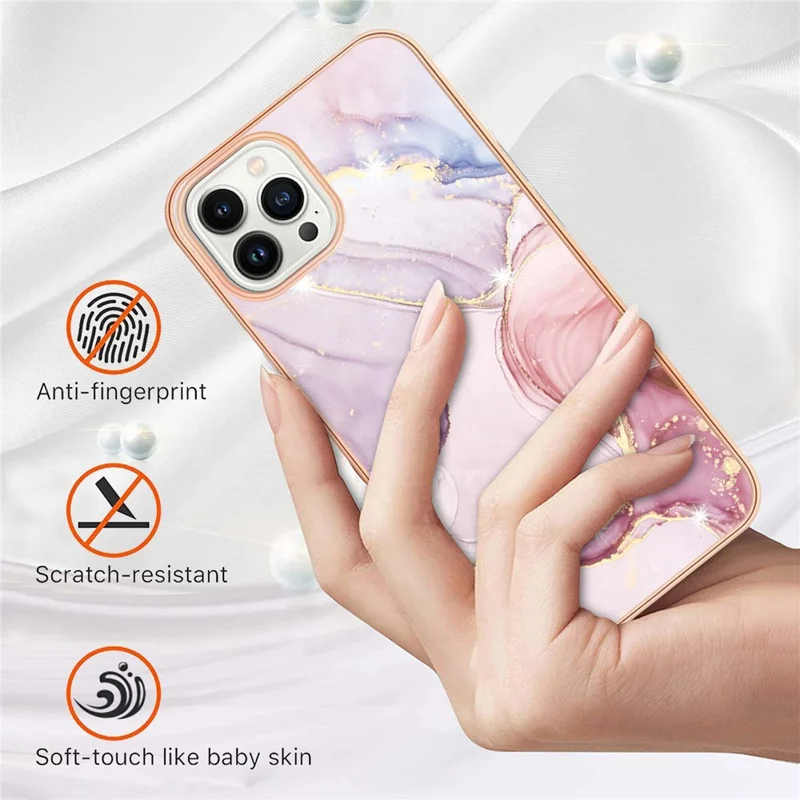 For iPhone 14 Pro Max 6.7 inch TPU Case with IMD Marble Pattern Electroplated Back Cover - Rose Gold 005