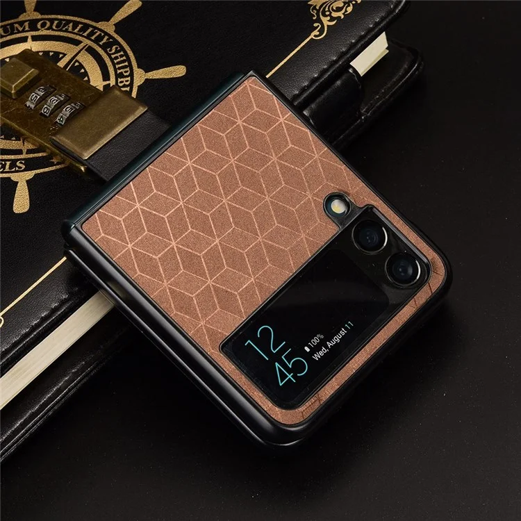 Per Samsung Galaxy Z Flip4 5G Anti-scratch Rhombus Imprinted Folding Phone Case Anti-drop PU Leather Coated PC Cover - Marrone