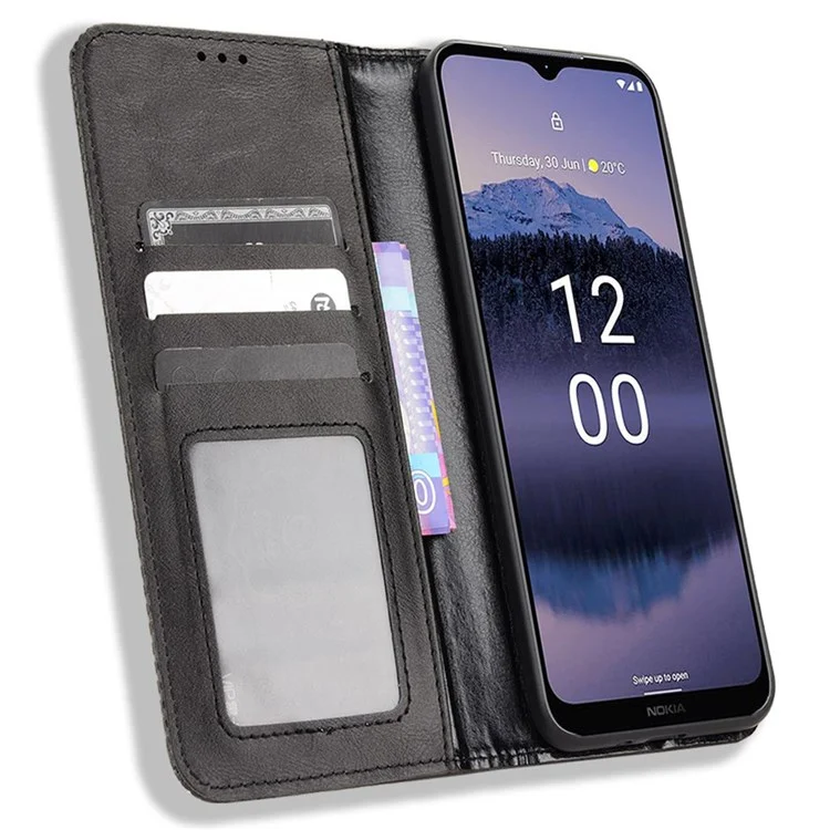 Für Nokia G11 Plus 4G Auto Closing Magnetic Retro PU Leder Brieftasche Case Stand Funktion Handyhülle - Schwarz