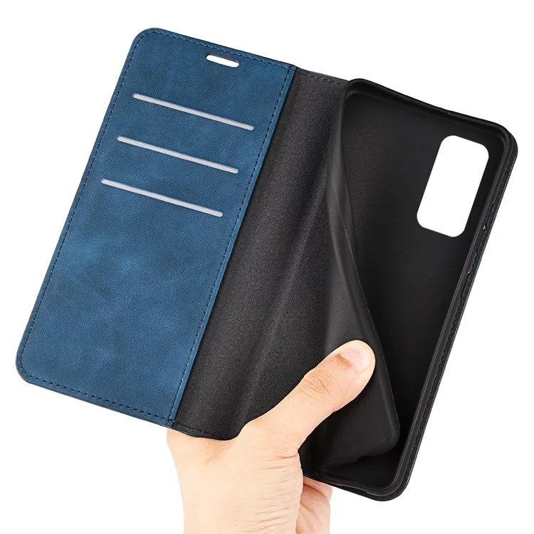 For Samsung Galaxy M13 4G Skin-touch PU Leather Phone Case Auto Closure Magnetic Folio Flip Cover with Wallet Stand - Blue