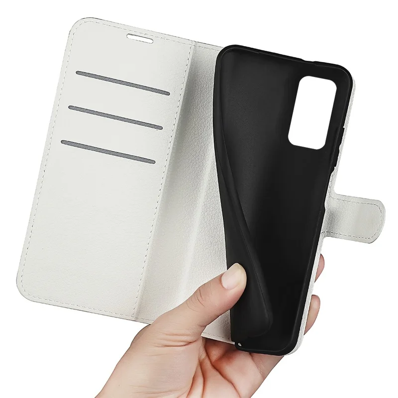 Pour Samsung Galaxy M13 4G Anti-rayures Texture en cuir de litchi PU, Étui de téléphone portefeuille anti-choc Folio Flip Stand - Blanc
