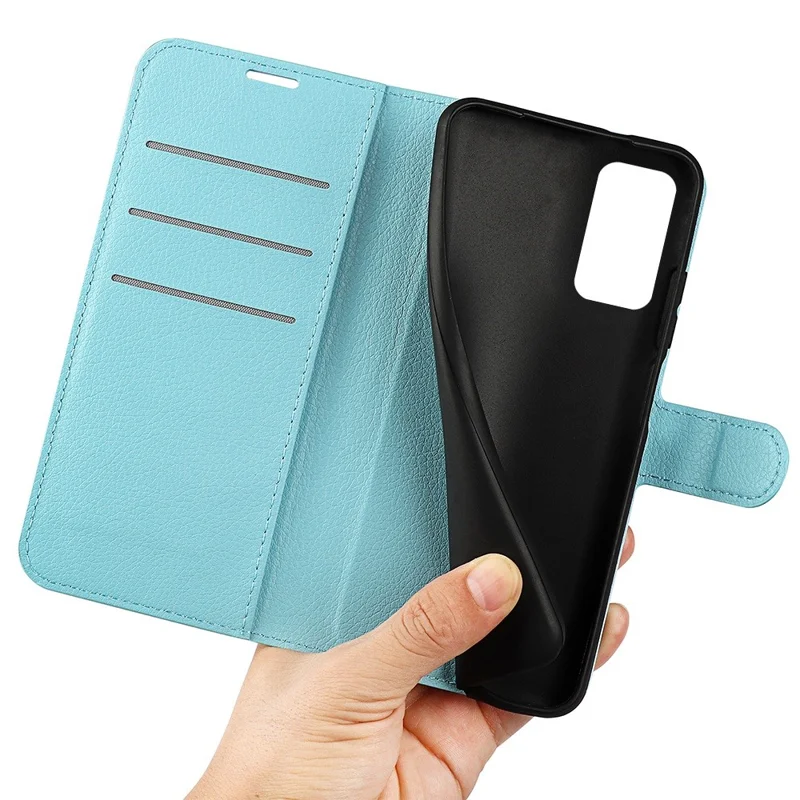 For Samsung Galaxy M13 4G Anti-scratch Litchi Texture PU Leather Case, Shockproof Wallet Stand Folio Flip Phone Cover - Blue