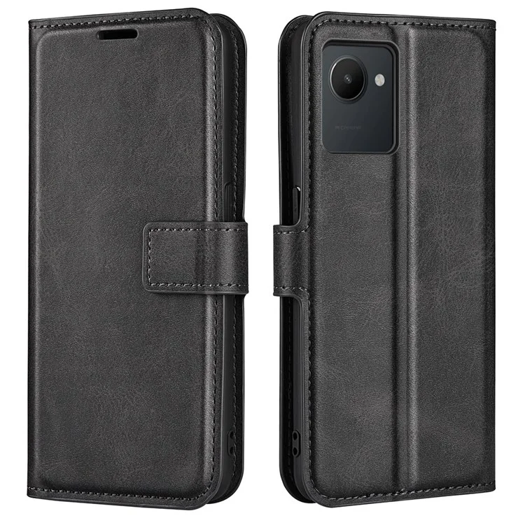 Square Magnetic Clasp Phone Hülle Für Realme C30 4G, Strukturierte PU -leder + TPU -brieftasche Abdeckung - Schwarz