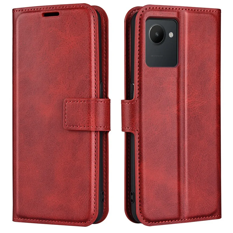 Square Magnetic Clasp Phone Case for Realme C30 4G, Textured PU Leather + TPU Wallet Stand Cover - Red