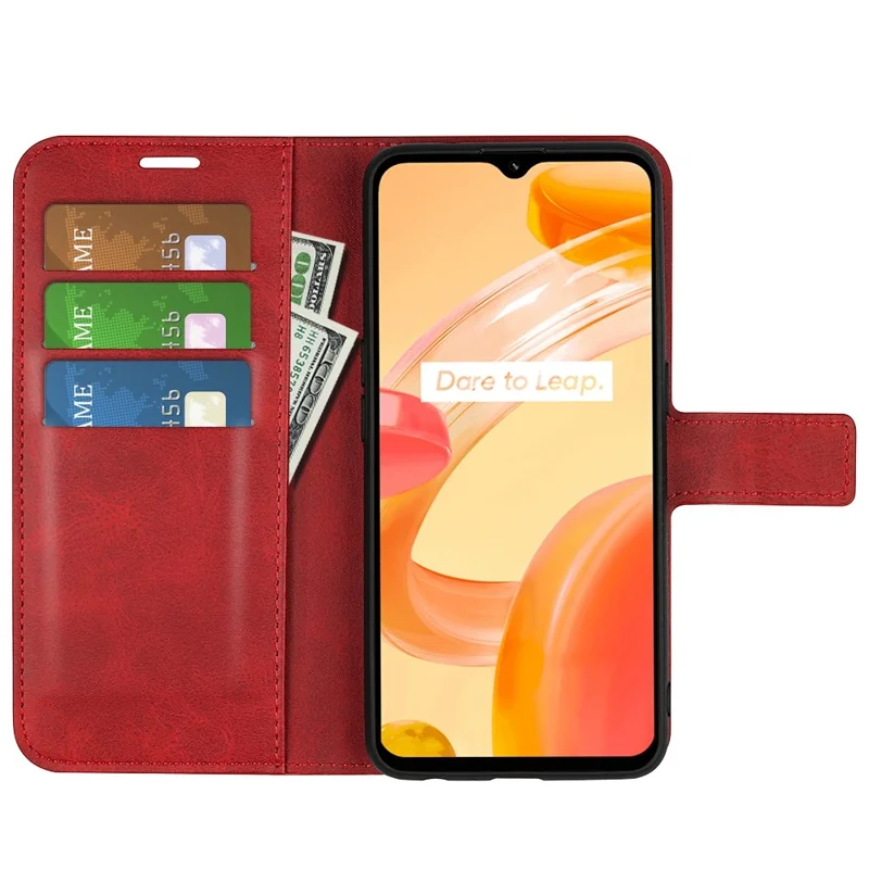 Square Magnetic Clasp Phone Case for Realme C30 4G, Textured PU Leather + TPU Wallet Stand Cover - Red