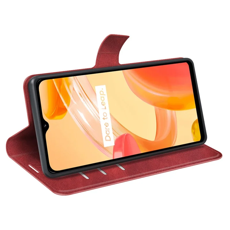 Square Magnetic Clasp Phone Case for Realme C30 4G, Textured PU Leather + TPU Wallet Stand Cover - Red