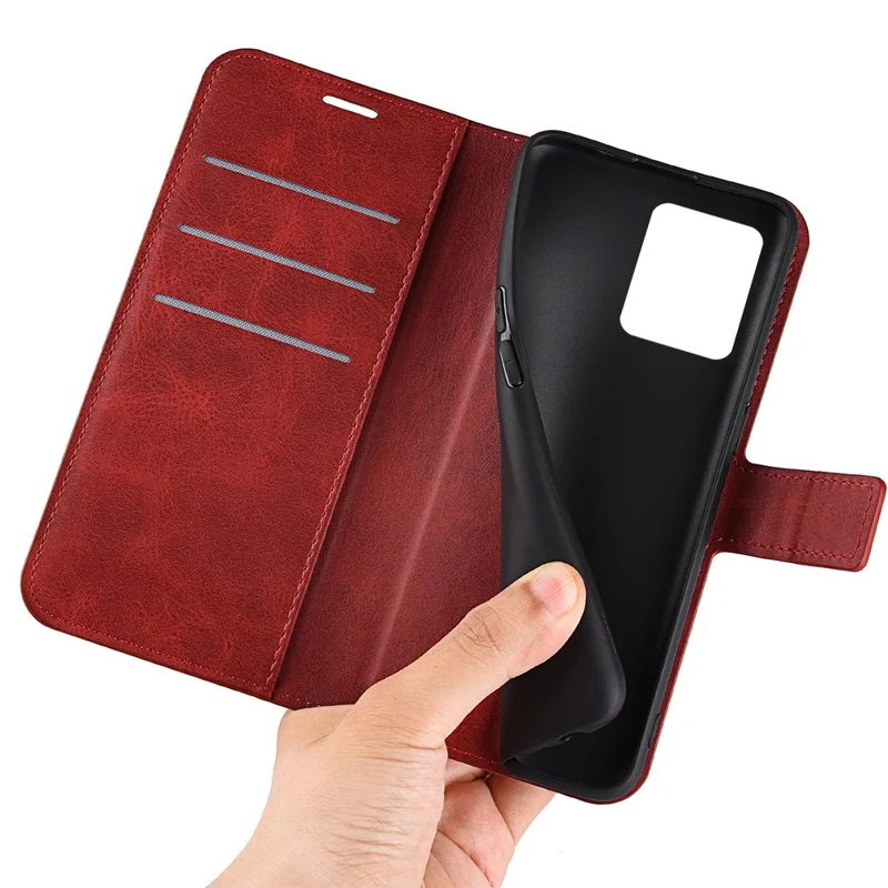 Square Magnetic Clasp Phone Case for Realme C30 4G, Textured PU Leather + TPU Wallet Stand Cover - Red