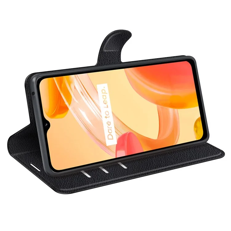 Pour Realme C30 4G Litchi Texture PU Leather Stand Phone Case Anti-scratch Wallet Protective Cover - Noir
