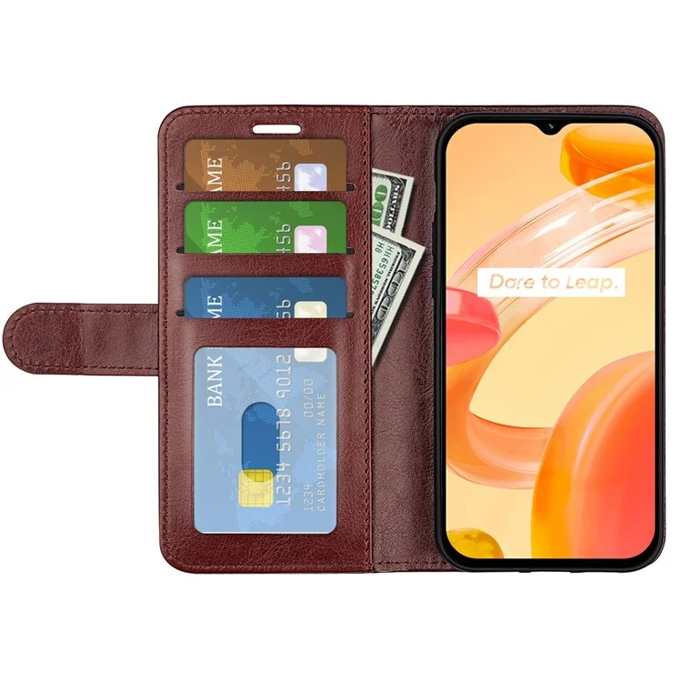 Para Realme C30 4G Crazy Horse Texture Folio Flip Phone Case PU Carteira de Couro Tampa Protetora - Castanho