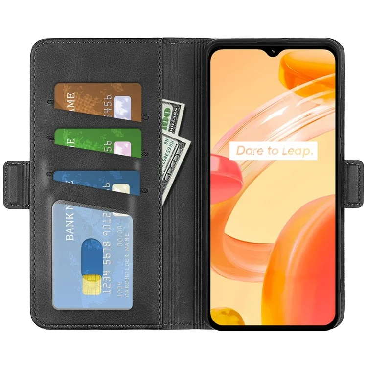 Für Realme C30 4G Double Magnetic Clasp Textured pu Leder Folio Flip Phone Case Wallet Stand Cover - Schwarz