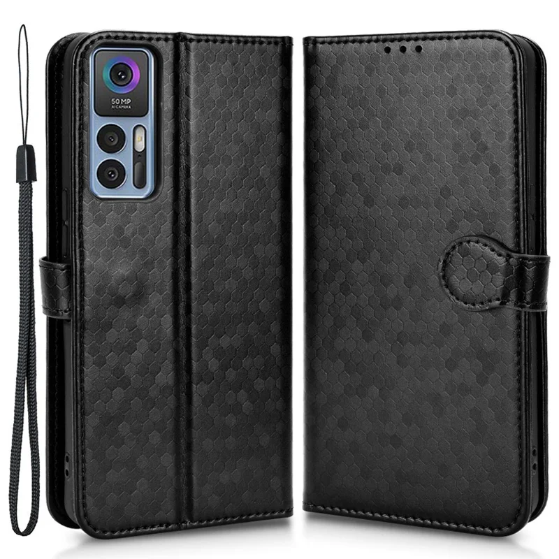 For TCL 30 5G / 30+ 5G Protective Case Dot Pattern Imprinted PU Leather Stand Flip Cover Wallet Phone Case with Strap - Black