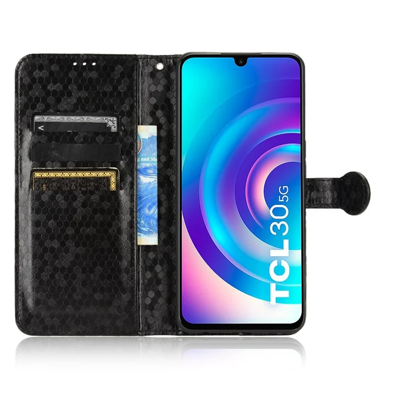 For TCL 30 5G / 30+ 5G Protective Case Dot Pattern Imprinted PU Leather Stand Flip Cover Wallet Phone Case with Strap - Black