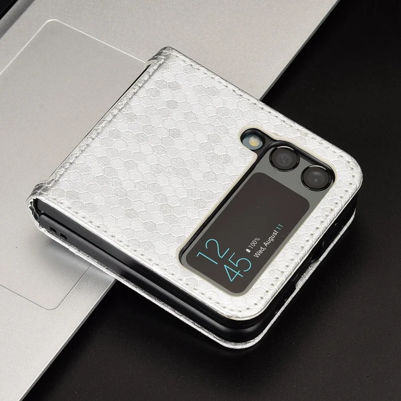 For Samsung Galaxy Z Flip3 5G Imprinted Dot Pattern PU Leather Phone Case Card Slot Design Flip Cell Phone Cover - Silver