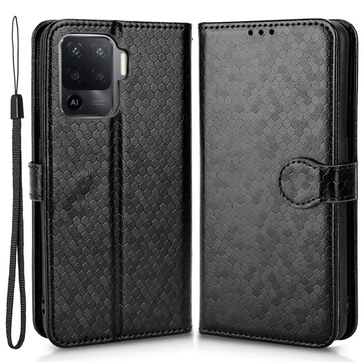 Per Oppo A94 4G / F19 Pro 4G / Reno5 F 4G / Reno5 Lite, Tettona Del Telefono Pot Impronta PU Percoletto Per Percolo Pulla Pullot / in Piedi - Nero