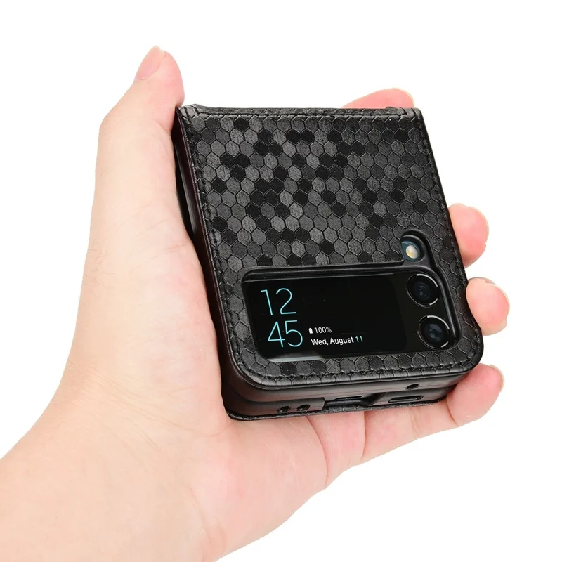 Для Samsung Galaxy Z Flip4 5G Чехол-книжка с кожаной фактурной поверхностью и ударопрочный, с отделением для карты - черный