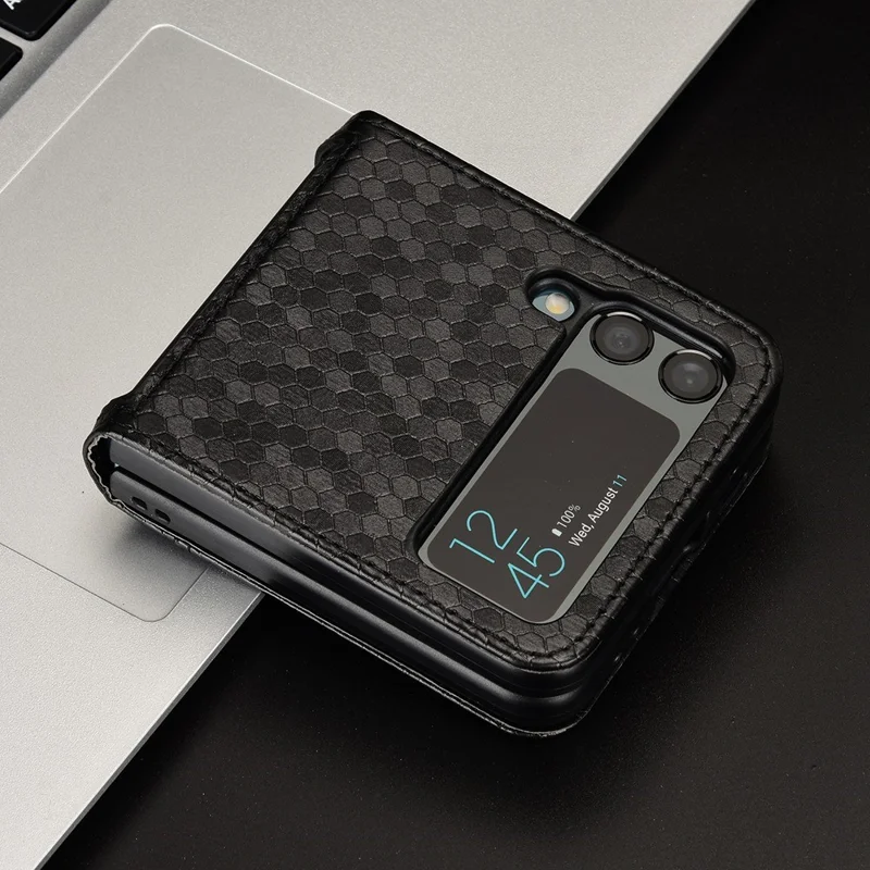 Для Samsung Galaxy Z Flip4 5G Чехол-книжка с кожаной фактурной поверхностью и ударопрочный, с отделением для карты - черный