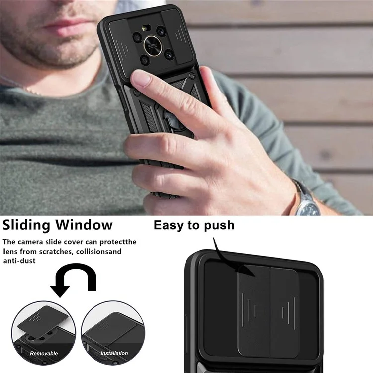 Pour Honor X9 4G / 5G Coque de téléphone résistante aux chocs Kickstand PC + Housse hybride TPU Slide Camera Protection - Noir