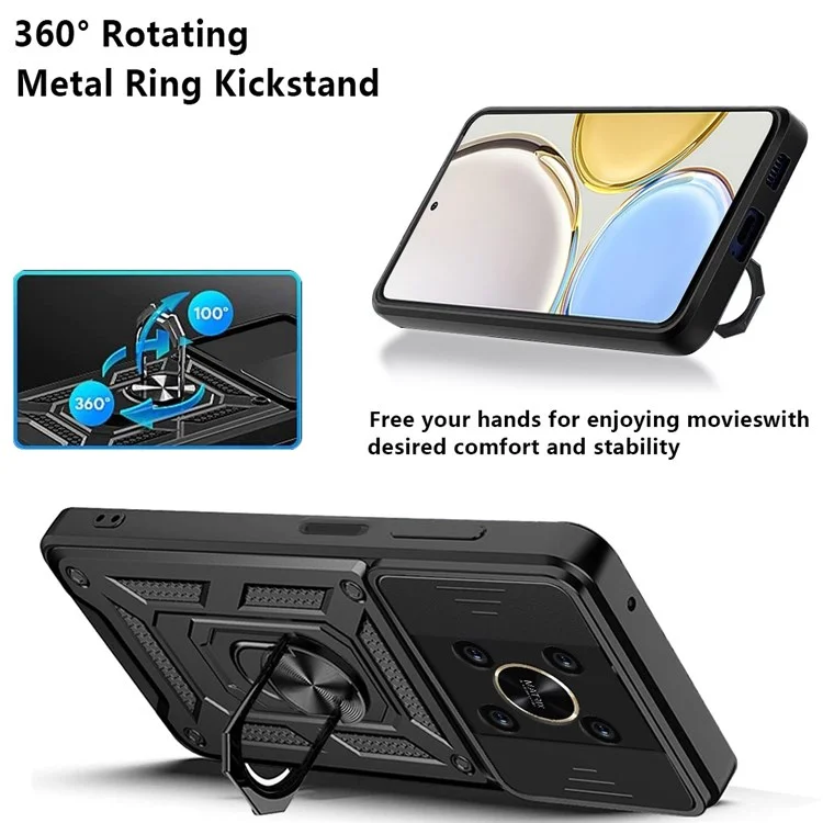 Pour Honor X9 4G / 5G Coque de téléphone résistante aux chocs Kickstand PC + Housse hybride TPU Slide Camera Protection - Noir