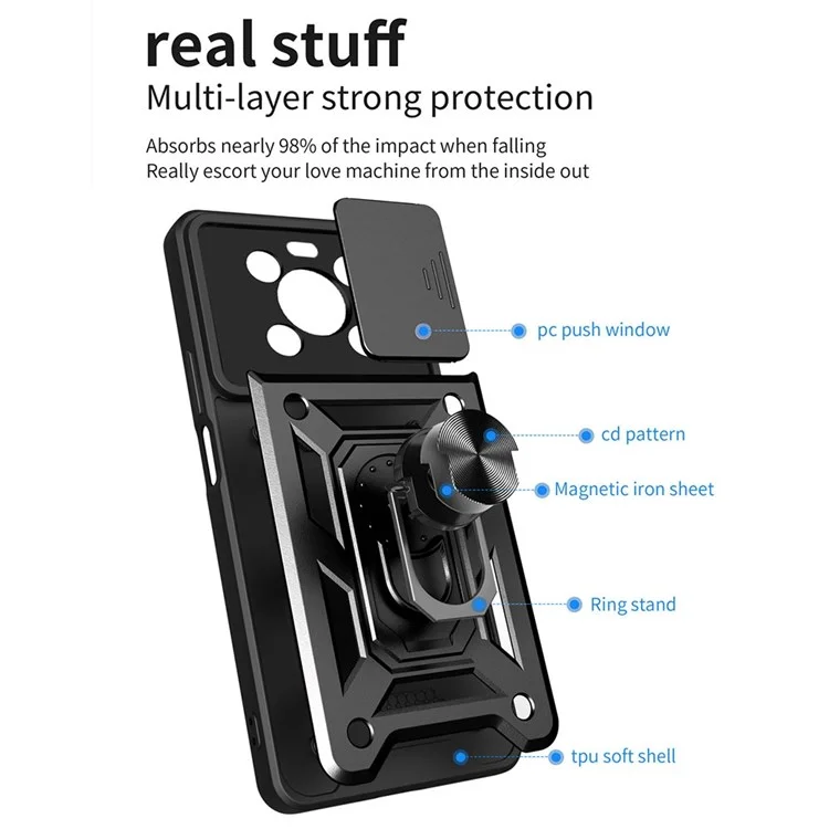 Pour Honor X9 4G / 5G Coque de téléphone résistante aux chocs Kickstand PC + Housse hybride TPU Slide Camera Protection - Noir