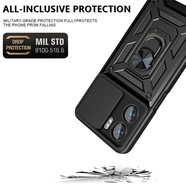 Per Oppo A77 5G / A57 (2022) 5G Prevenzione Caduta Guscio del Telefono Cellulare Supporto Piedino PC + Custodia Ibrida TPU Protezione Scorrevole Fotocamera Custodia per Telefono - Nero