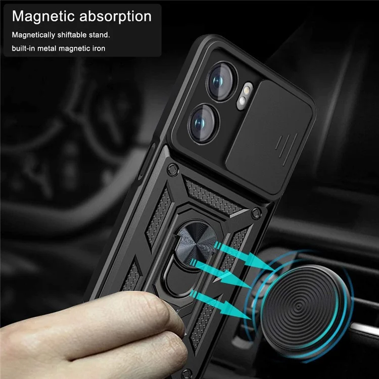 Per Oppo A77 5G / A57 (2022) 5G Prevenzione Caduta Guscio del Telefono Cellulare Supporto Piedino PC + Custodia Ibrida TPU Protezione Scorrevole Fotocamera Custodia per Telefono - Nero