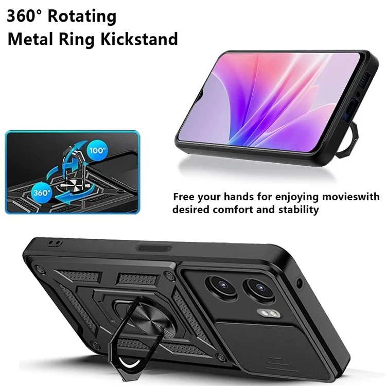 Per Oppo A77 5G / A57 (2022) 5G Prevenzione Caduta Guscio del Telefono Cellulare Supporto Piedino PC + Custodia Ibrida TPU Protezione Scorrevole Fotocamera Custodia per Telefono - Nero