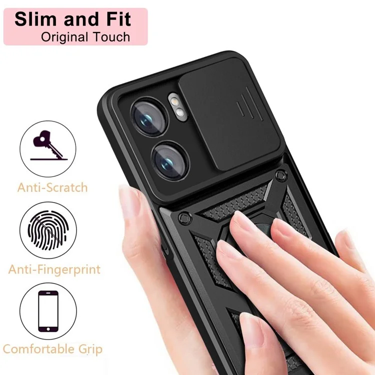 Per Oppo A77 5G / A57 (2022) 5G Prevenzione Caduta Guscio del Telefono Cellulare Supporto Piedino PC + Custodia Ibrida TPU Protezione Scorrevole Fotocamera Custodia per Telefono - Nero