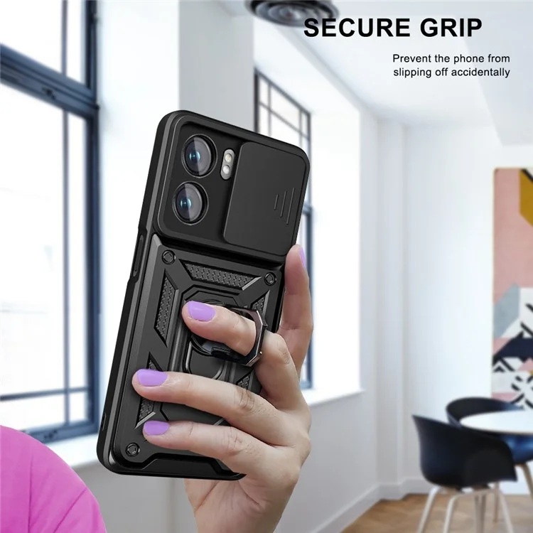 Per Oppo A77 5G / A57 (2022) 5G Prevenzione Caduta Guscio del Telefono Cellulare Supporto Piedino PC + Custodia Ibrida TPU Protezione Scorrevole Fotocamera Custodia per Telefono - Nero