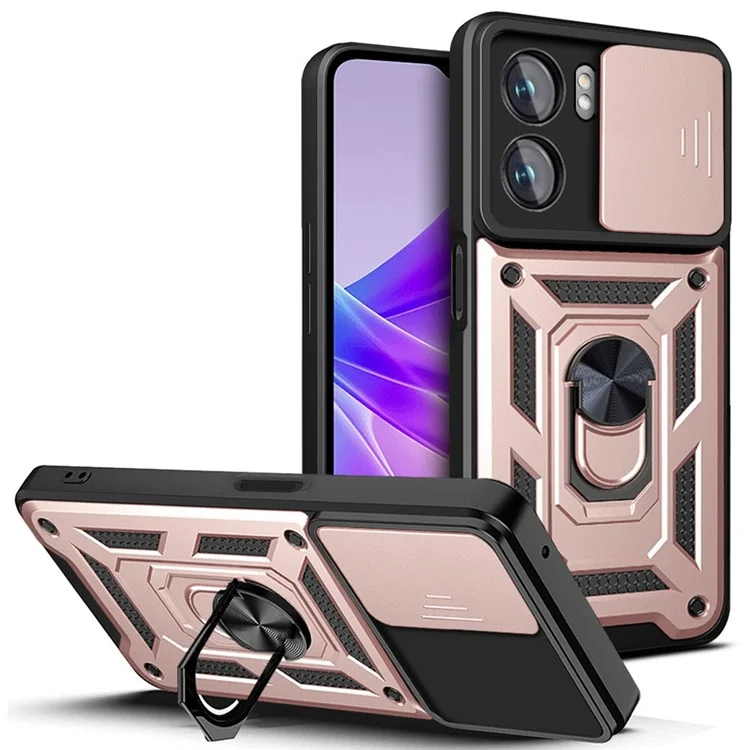 Para Oppo A77 5G / A57 (2022) 5G Fall Prevention Cell Phone Shell Kickstand PC + TPU Hybrid Cover Slide Camera Protection Phone Case - Rose Gold