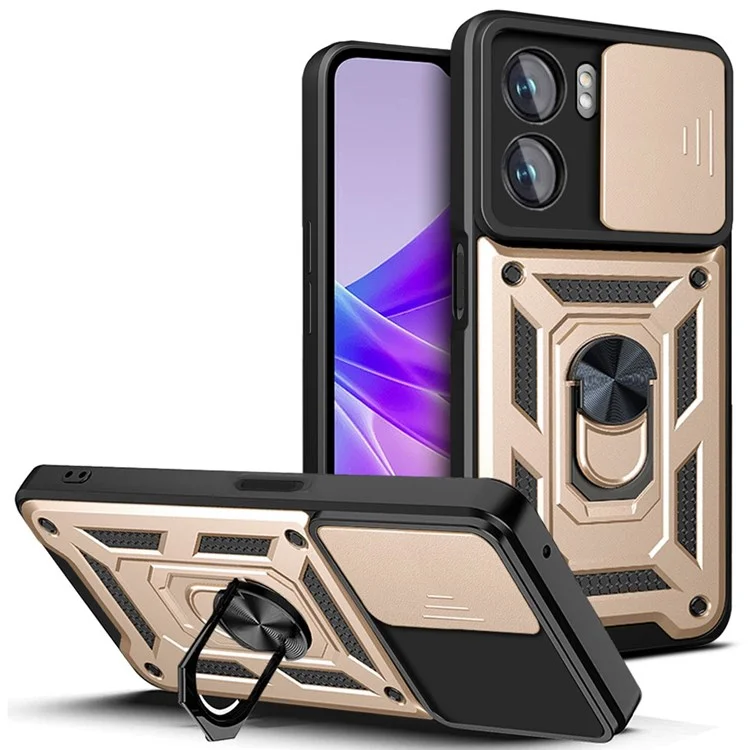 For Oppo A77 5G / A57 (2022) 5G Fall Prevention Cell Phone Shell Kickstand PC + TPU Hybrid Cover Slide Camera Protection Phone Case - Gold