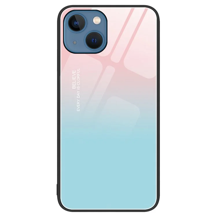 Para la Caja de Teléfono de Vidrio Templado de 6.7 Pulgadas Para Iphone 14, Imprimición de Patrones Anti-scratch Imprimir pc Dura+cubierta de Teléfono Celular de TPU Suave - Gradiente de Azul Rosa