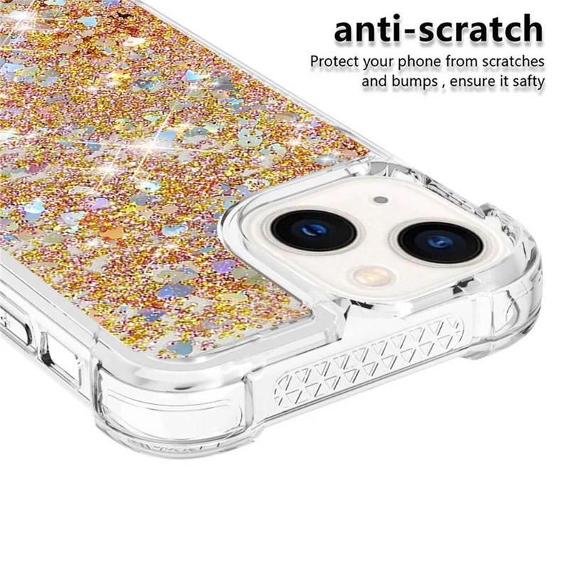 For iPhone 14 Plus TPU Case Glitter Quicksand Shockproof Phone Back Cover - Gold / Hearts